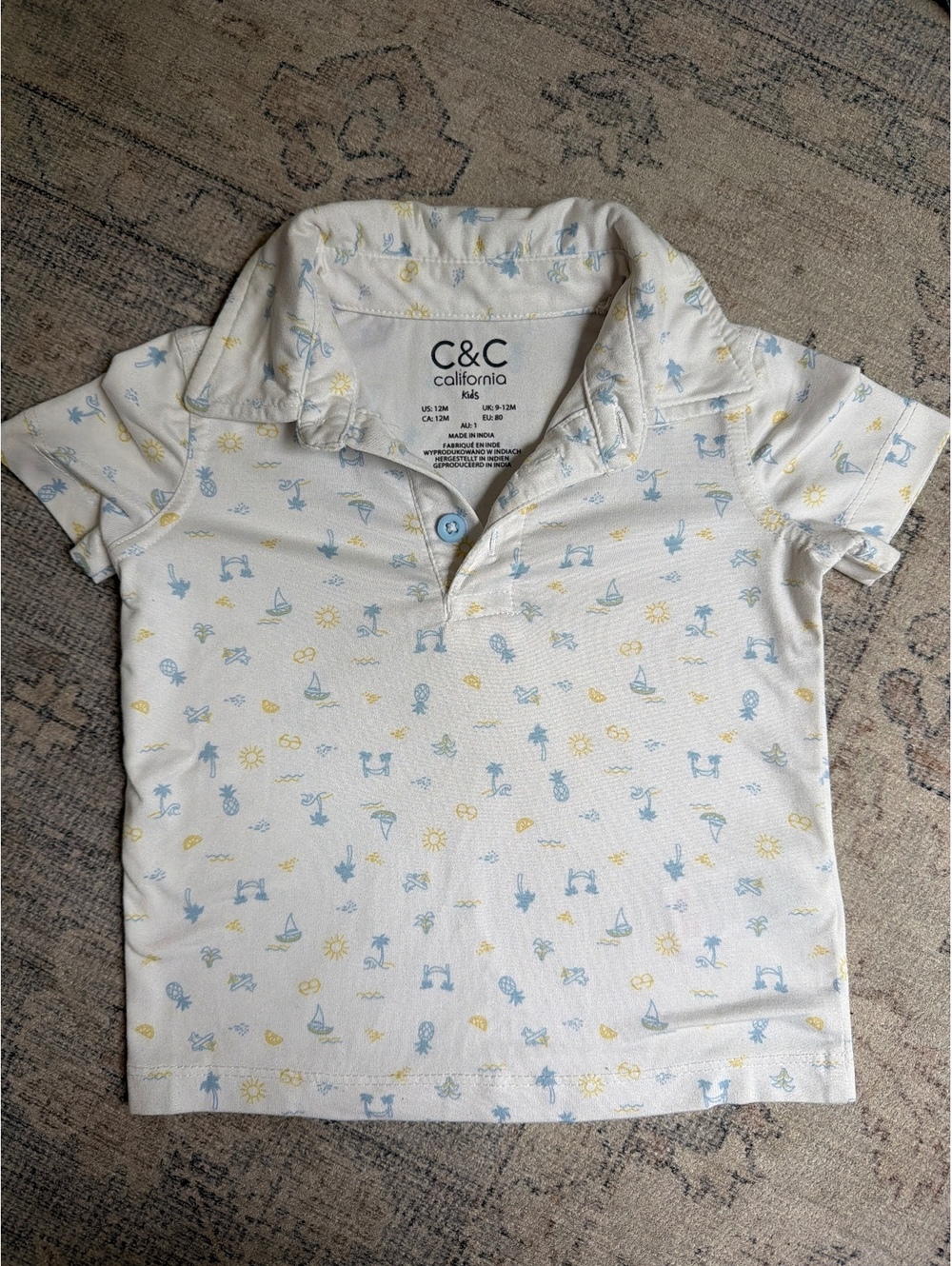 C&C California Kids White Polo Shirt with Blue Yellow sailboats Size 9-12m